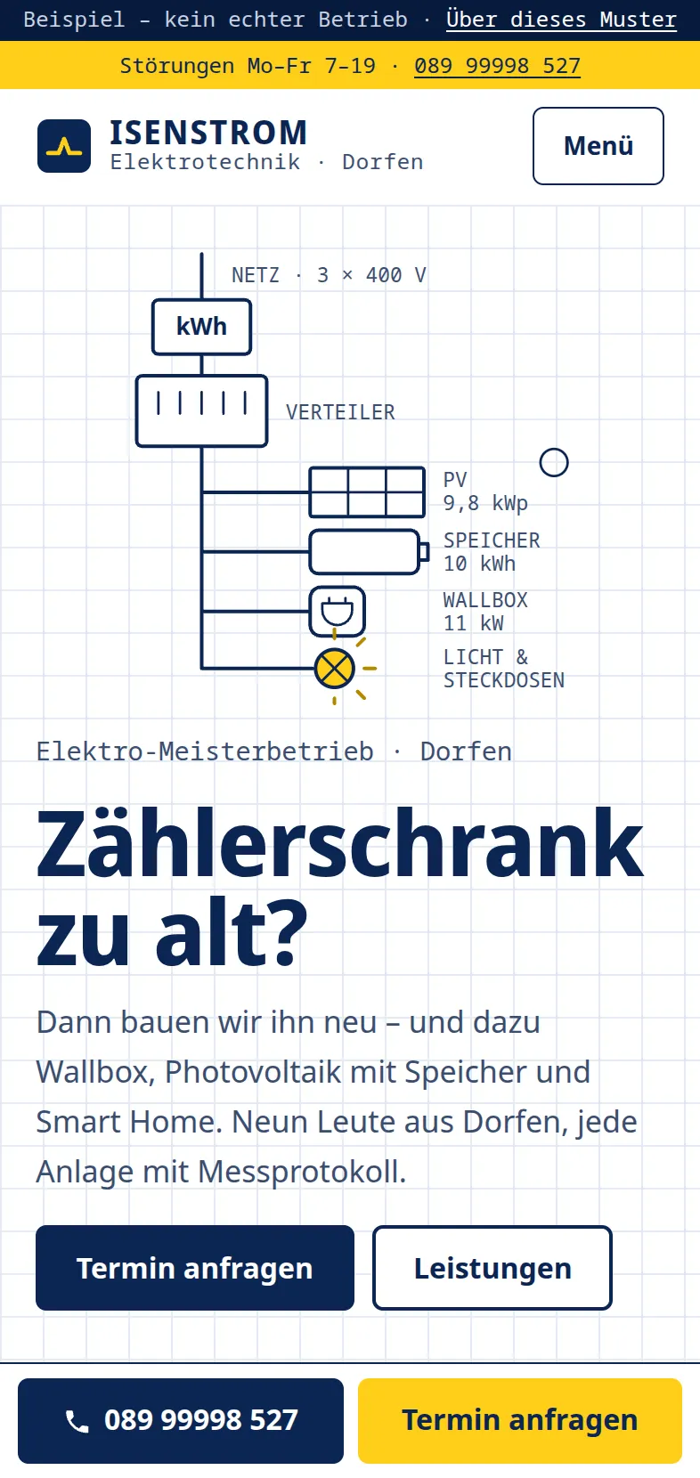 Startseite von Isenstrom Elektrotechnik am Handy: ganz oben eine gelbe Zeile für Störungen mit Telefonnummer, darunter ein gezeichneter Stromlaufplan von Netz und Zähler über den Verteiler bis zu Photovoltaik, Speicher, Wallbox und Licht, dann die Überschrift „Zählerschrank zu alt?“, Knöpfe „Termin anfragen“ und „Leistungen“ und eine Leiste zum Anrufen – Beispielseite eines erfundenen Betriebs